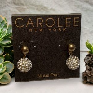 Carolee Pave Dangling Globe Earrings Rhinestone Goldtone